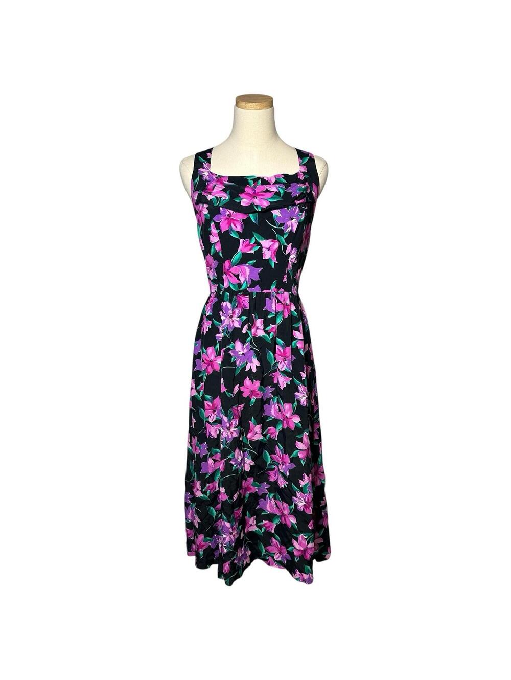 Vintage Lanz Originals Black & Purple Retro Floral Crossback Strap Midi Dress